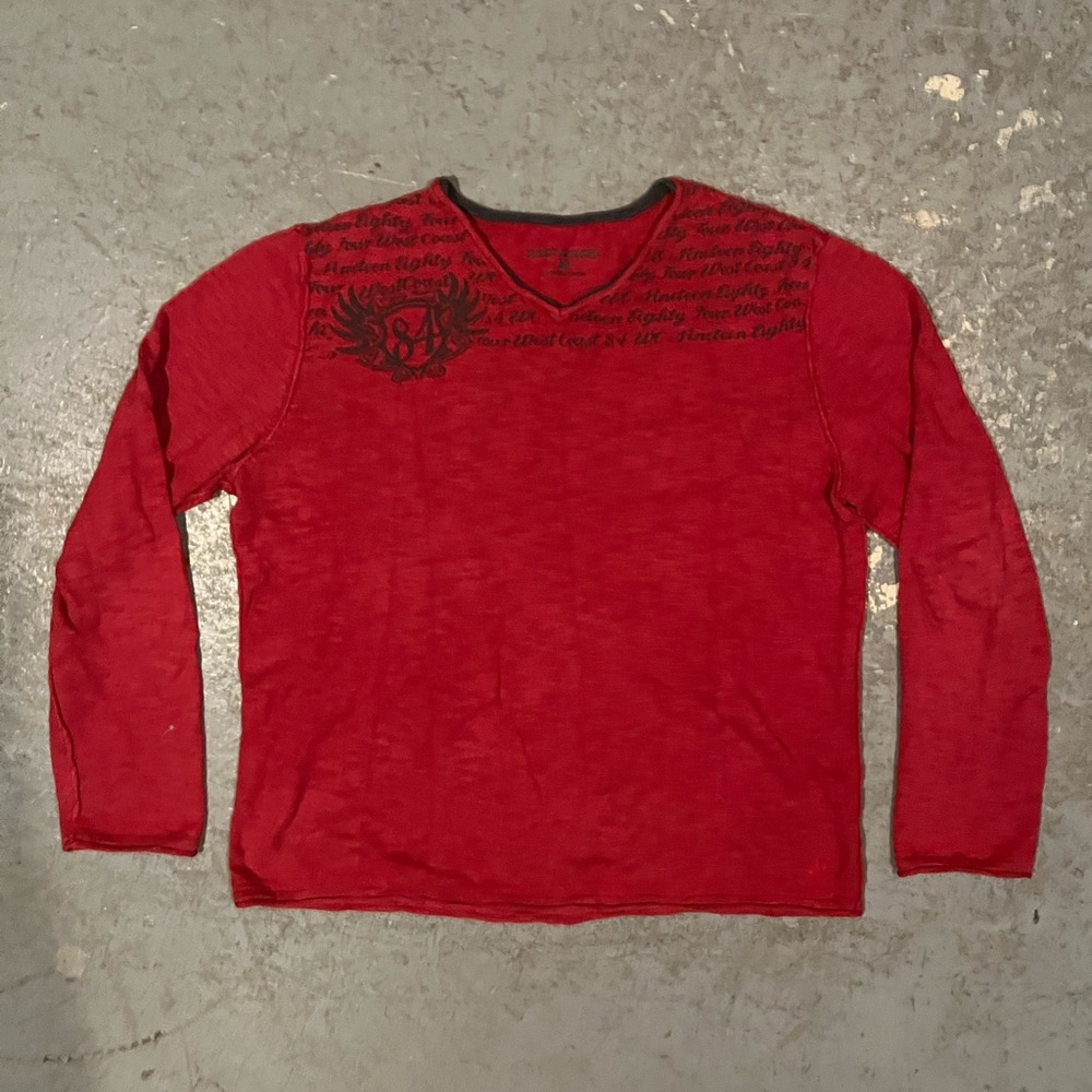 Red Y2K style long sleeve v-neck shirt